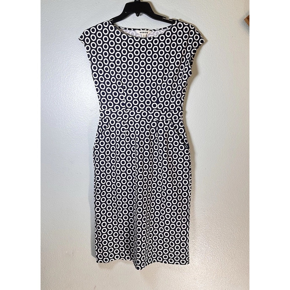 Boden Dress 4L Long Navy Circles Florrie Cotton T Shirt Knit Midi Pockets Sheath